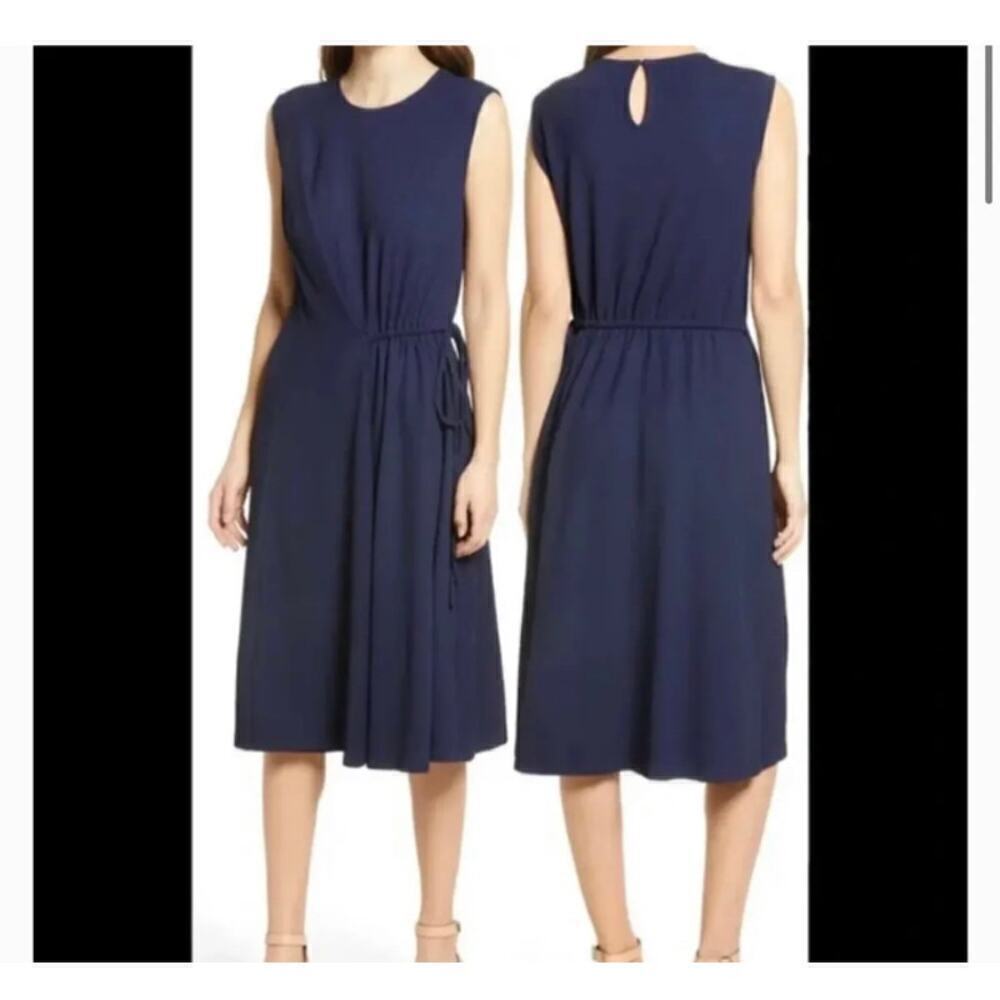 Maggy London Navy Sleeveless Tie-Waist Midi Dress with Keyhole Back